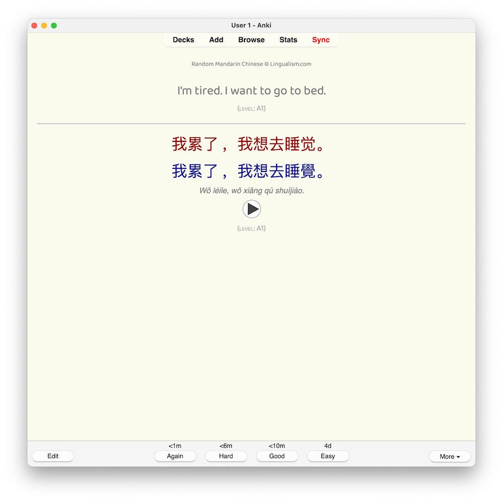 Random Mandarin Chinese A1: Anki Flashcards