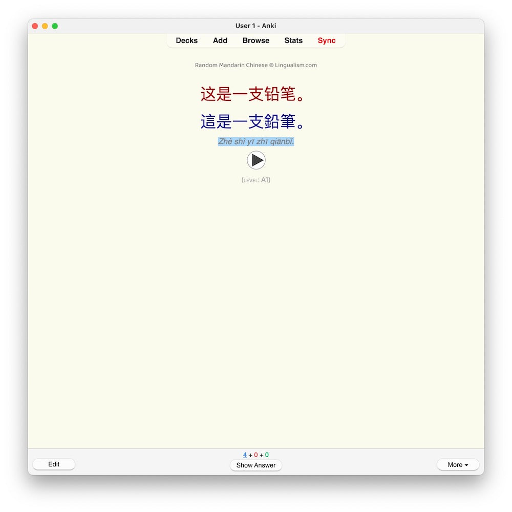 Random Mandarin Chinese A1: Anki Flashcards