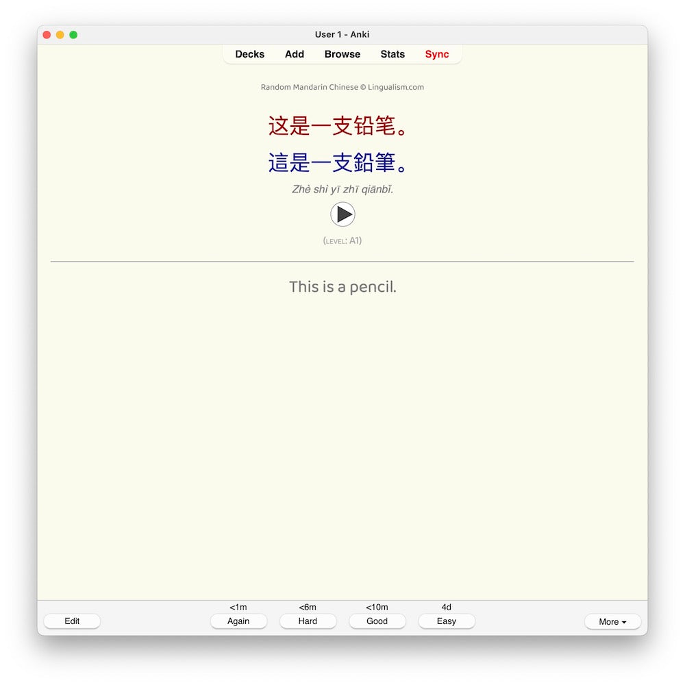 Random Mandarin Chinese A1: Anki Flashcards