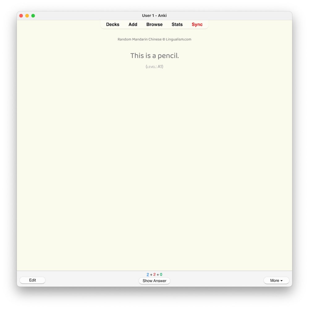 Random Mandarin Chinese A1: Anki Flashcards