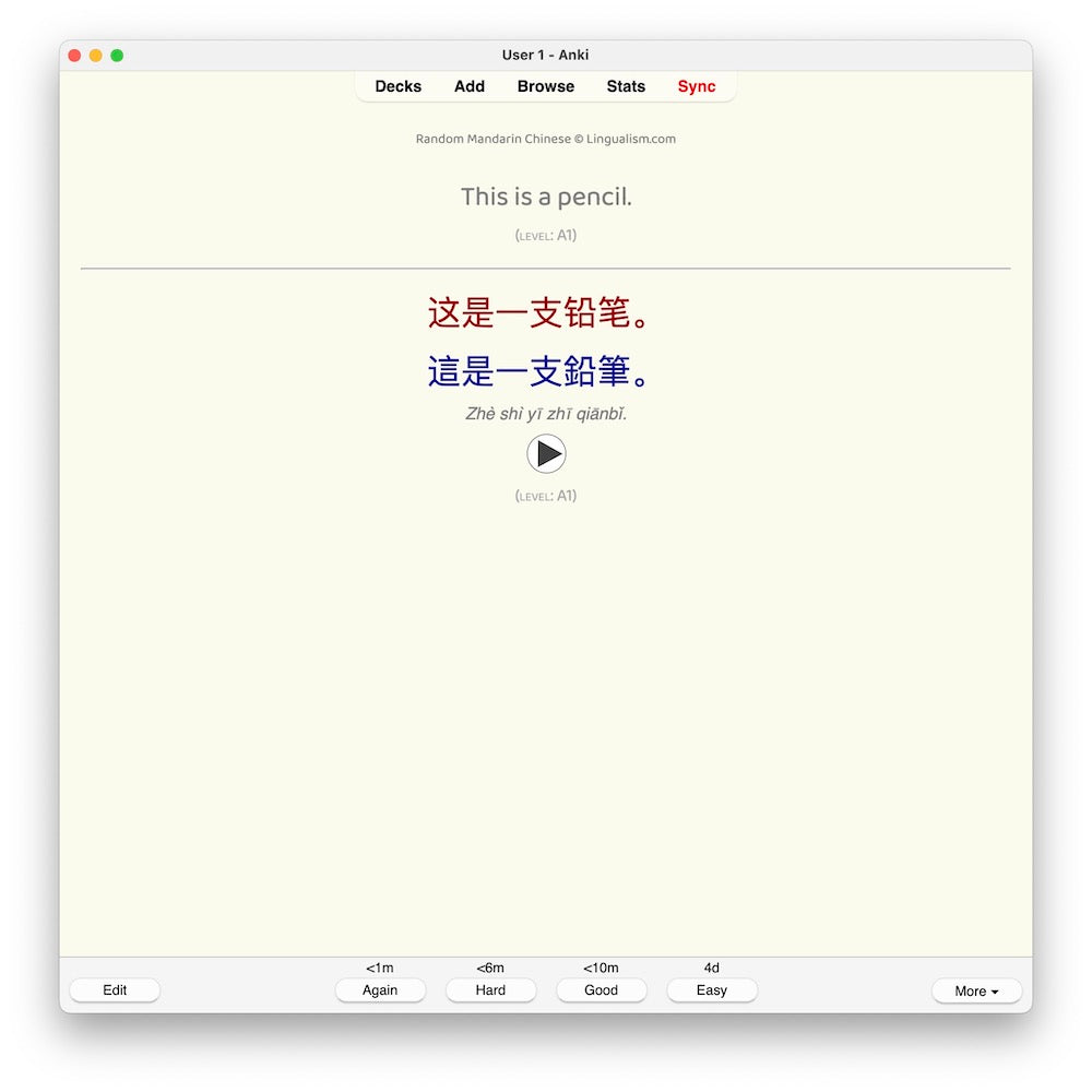Random Mandarin Chinese A1: Anki Flashcards