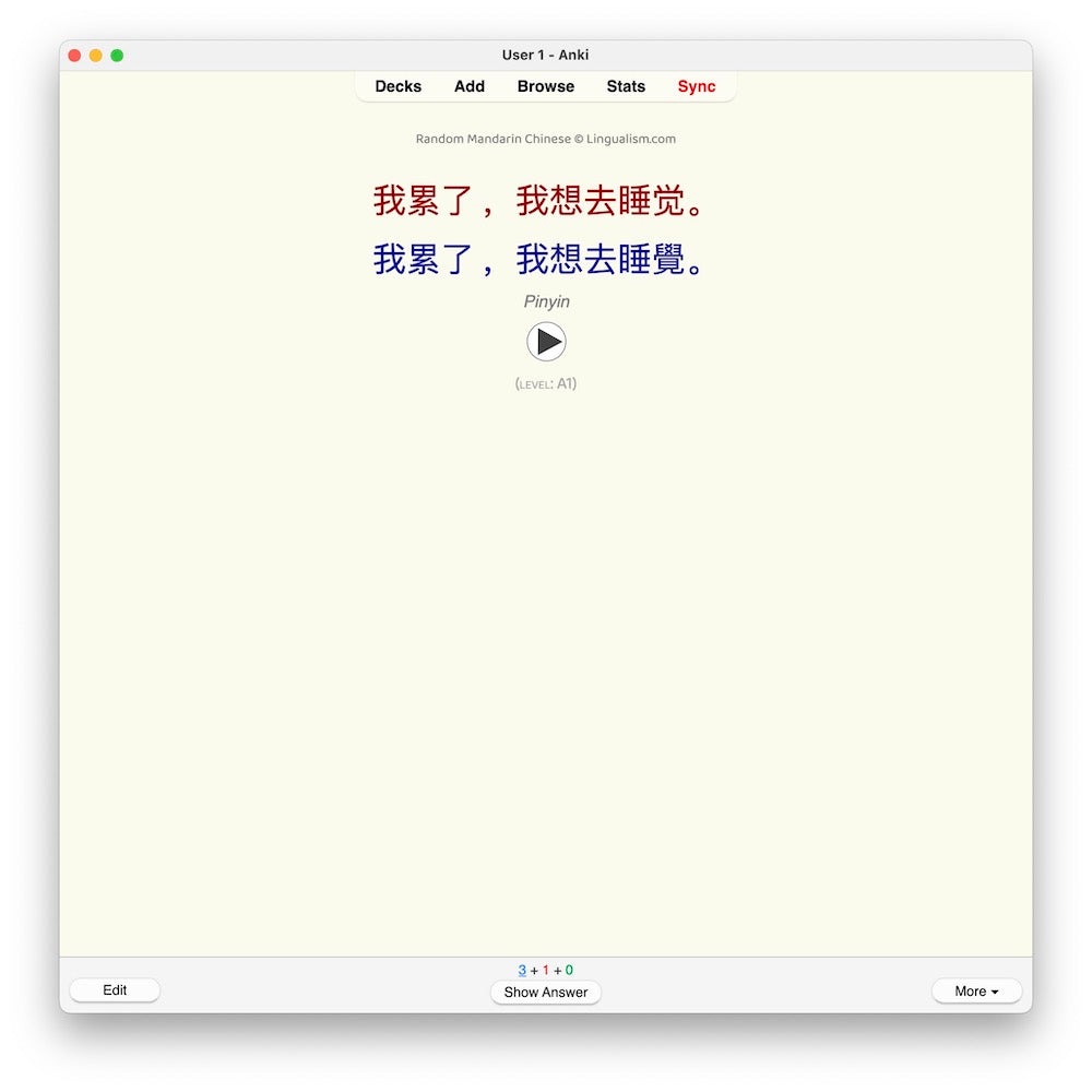 Random Mandarin Chinese A1: Anki Flashcards