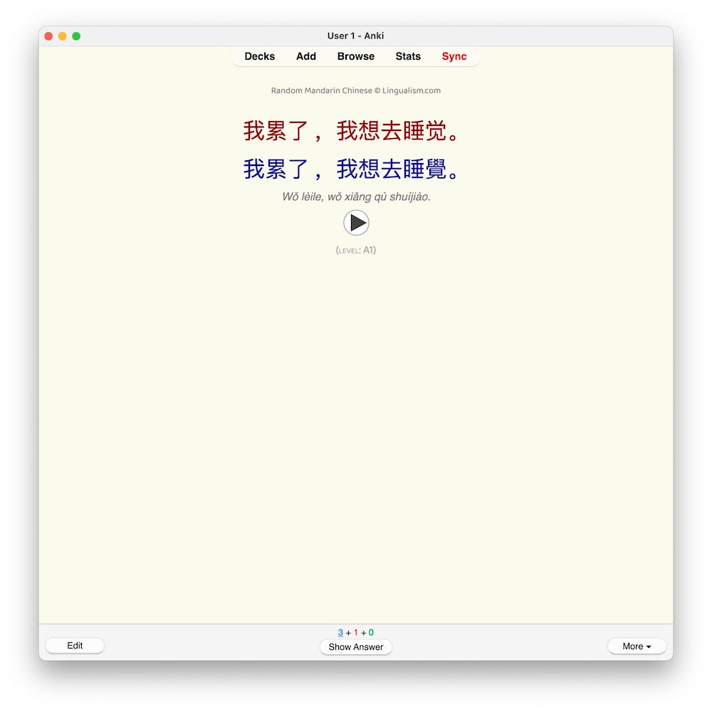 Random Mandarin Chinese A1: Anki Flashcards