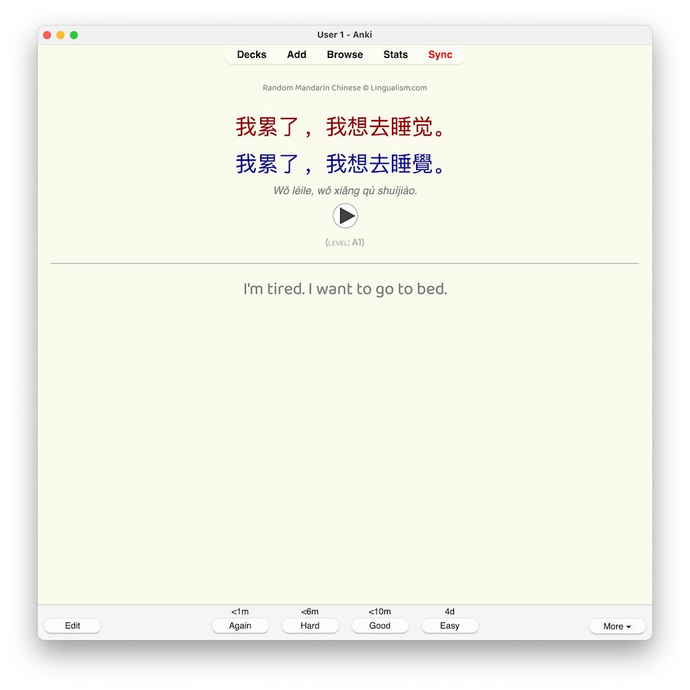 Random Mandarin Chinese A1: Anki Flashcards