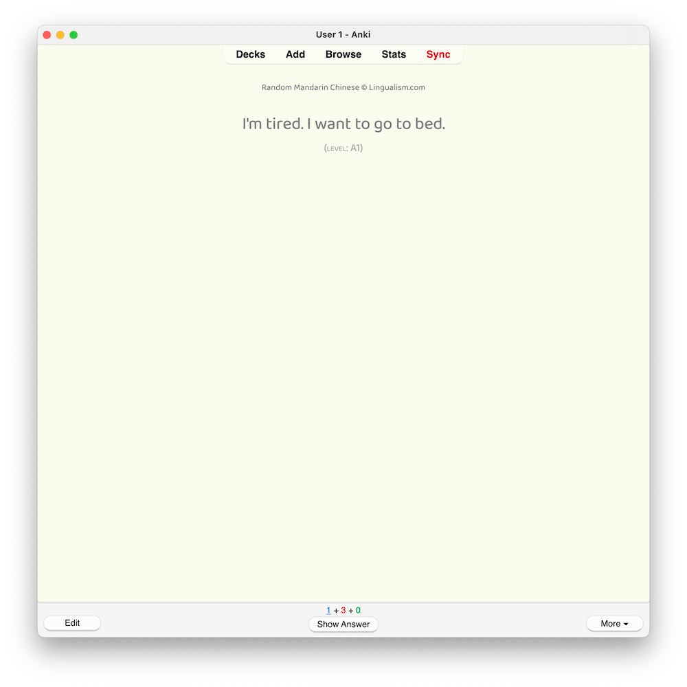 Random Mandarin Chinese A1: Anki Flashcards