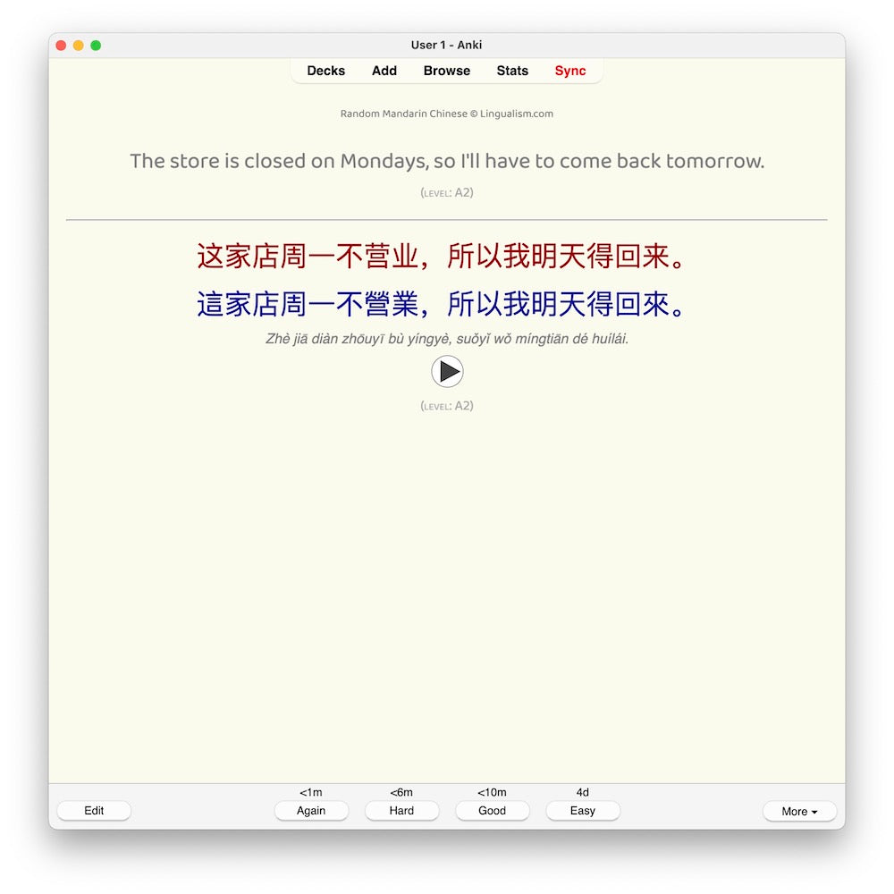 Random Mandarin Chinese A2: Anki Flashcards