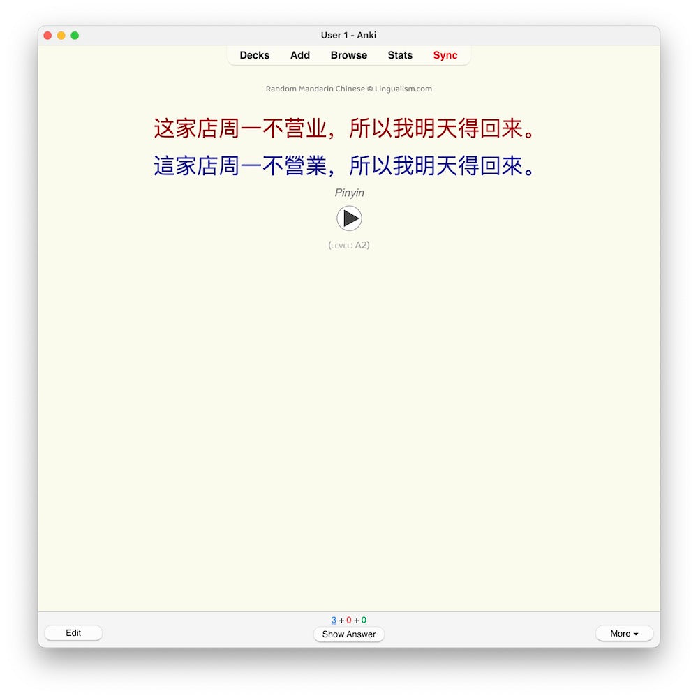 Random Mandarin Chinese A2: Anki Flashcards