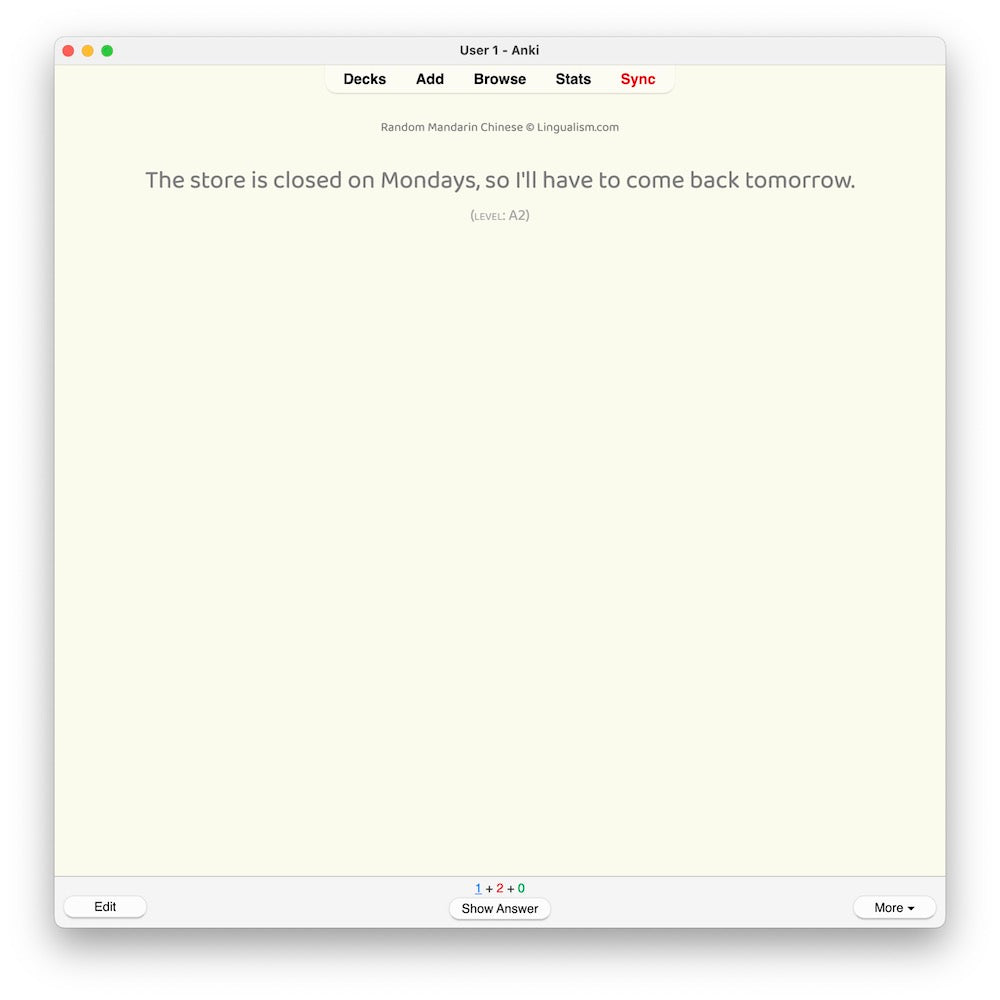 Random Mandarin Chinese A2: Anki Flashcards
