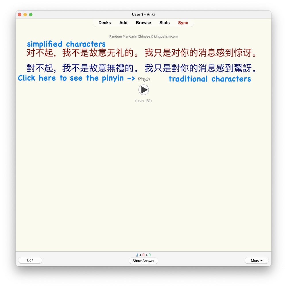Random Mandarin Chinese B1: Anki Flashcards