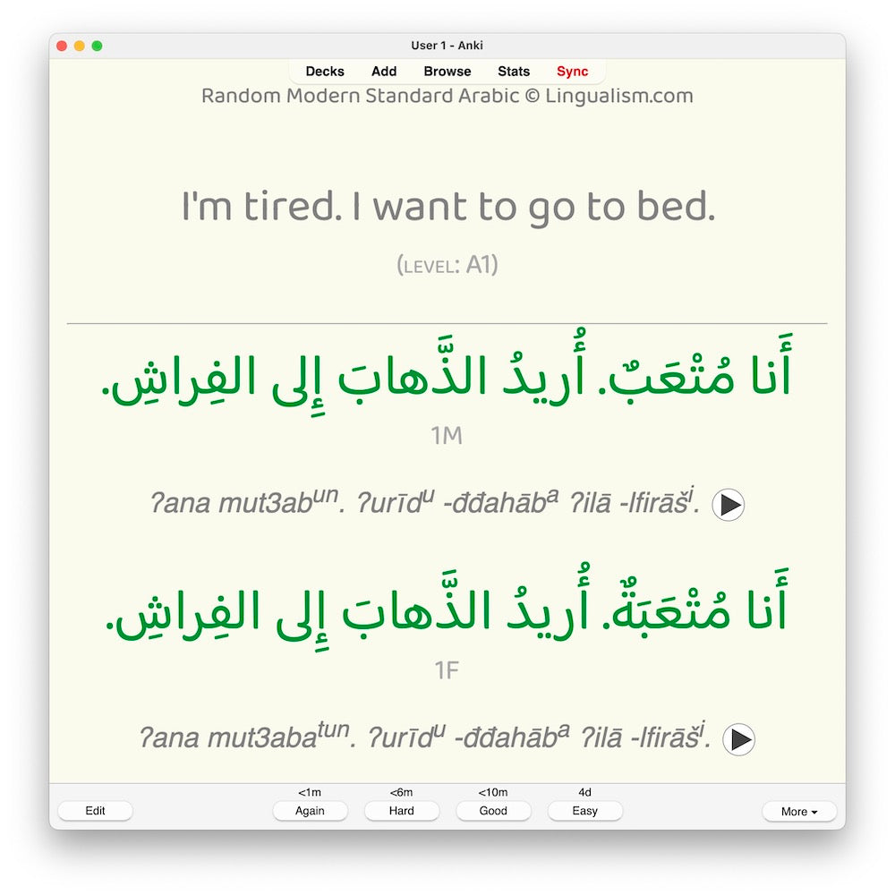 Random Modern Standard Arabic A1: Anki Flashcards