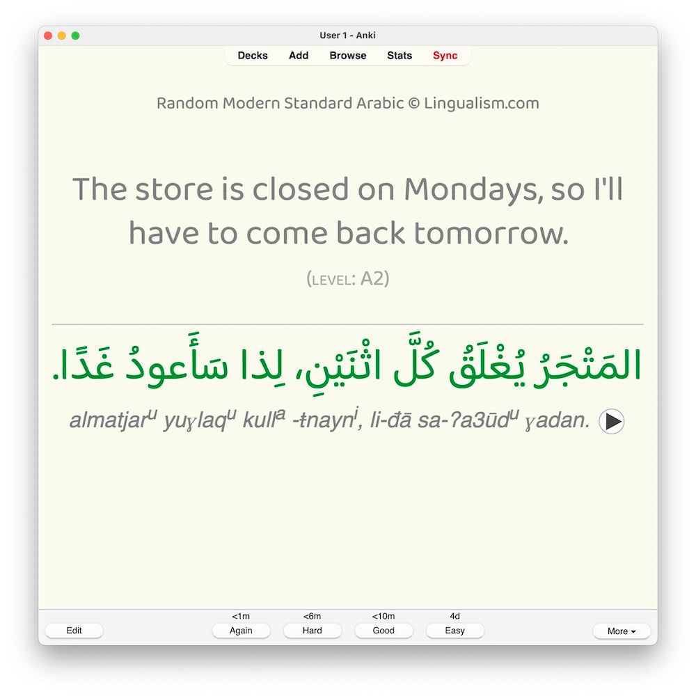 Random Modern Standard Arabic A2: Anki Flashcards