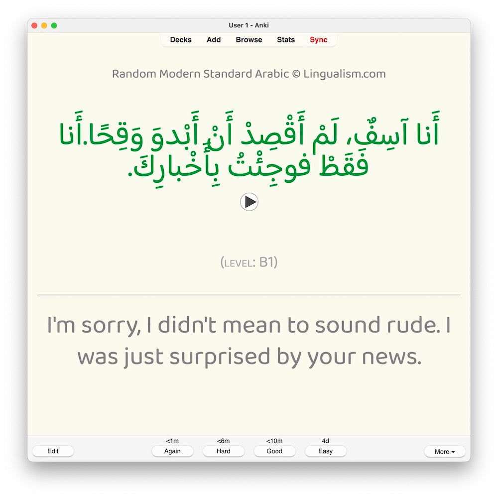 Random Modern Standard Arabic B1: Anki Flashcards