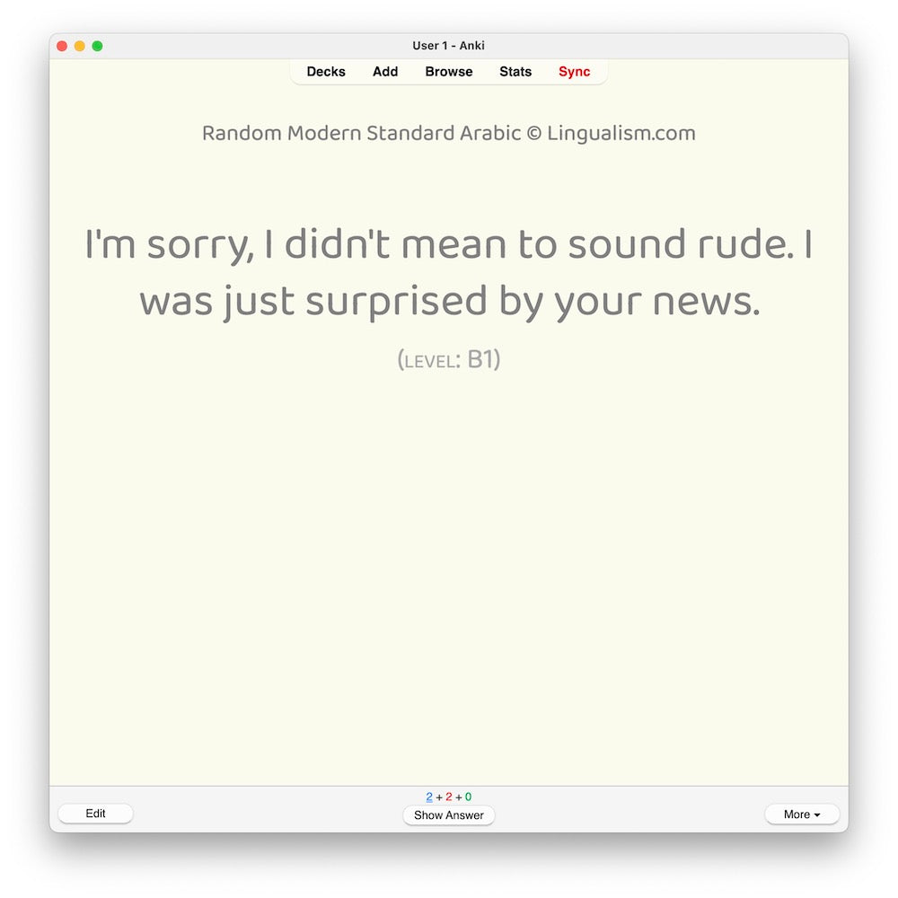 Random Modern Standard Arabic B1: Anki Flashcards