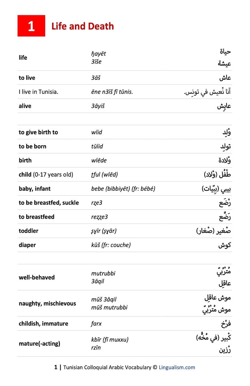 Tunisian Colloquial Arabic Vocabulary